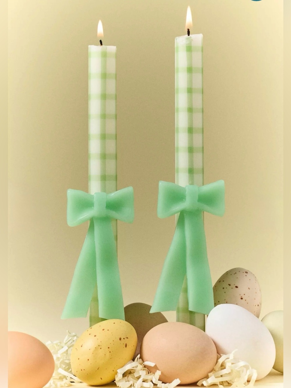NEW Anthropologie Gingham Bow Taper Candles, Set of 2, Green